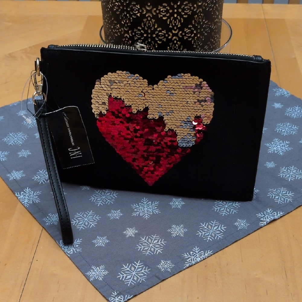 INC International Concepts Black Clutch with Red and Silver Sequin Heart